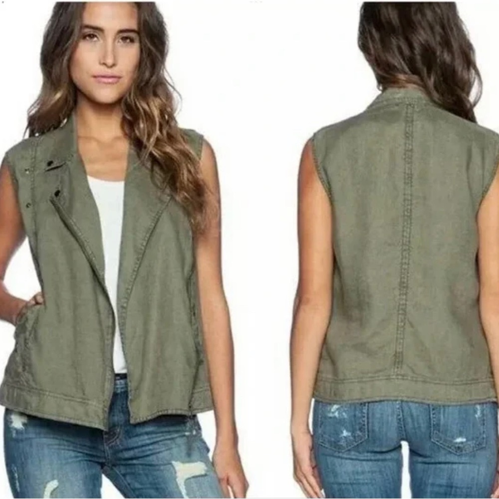 Michael Stars Sleeveless Linen Moto Vest Olive Army Green XS